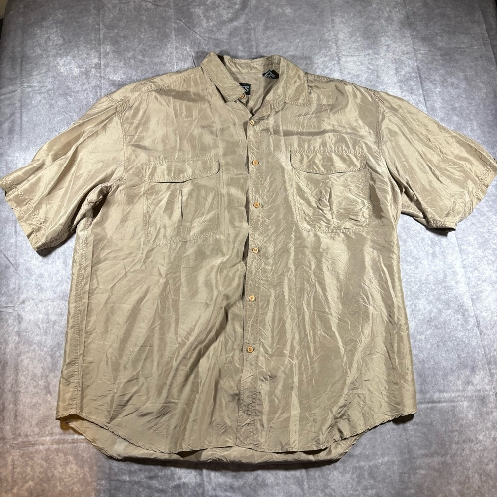 Vintage Kudos 2XLT Tan Button Up Silk Short Sleeve Lightweight